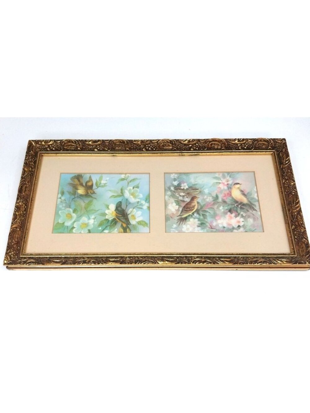Vintage Bird Art Prints Painted Gold Wood Frame Cottage Core Pastel 17" X 9"